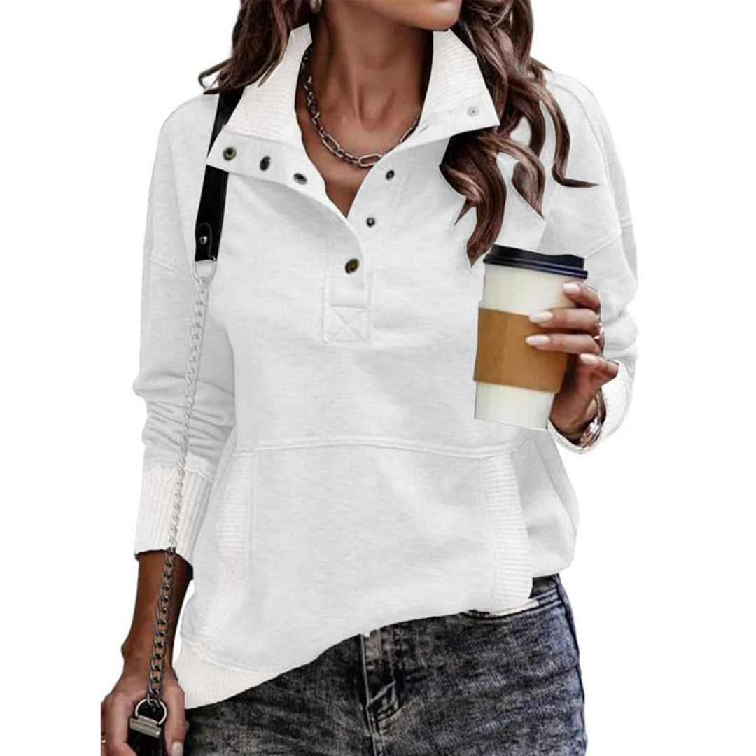 Damen Sweatpullover mit Stehkragen-Knopfleiste und Kängurutasche Shop Nory