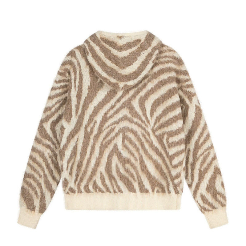 Damen Flauschige Zip-Kapuzen-Strickjacke mit Zebra-Jacquard und Kängurutasche Shop Nory