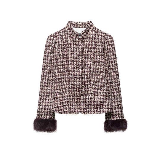 Damen Bouclé-Tweed Jacke mit Stehkragen und Kunstpelzmanschetten Shop Nory