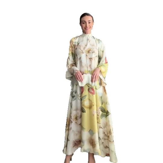 Damen Florales Maxikleid mit hohem Stehkragen und weiten Glockenärmeln Shop Nory