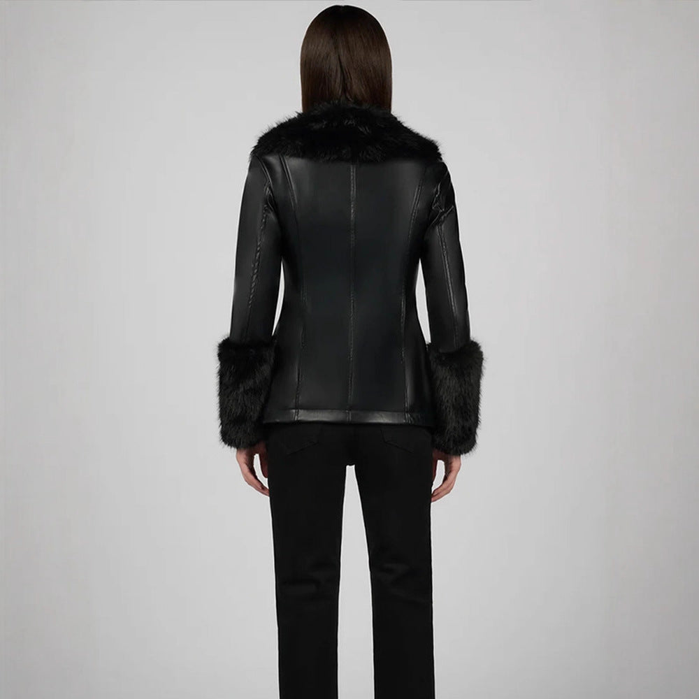 Damen Taillierter Lederimitat-Midimantel mit Wiener Nähten, voluminösem Faux‑Fur‑Schalkragen & Fellmanschetten Shop Nory