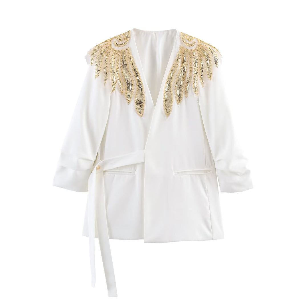 Damen Langline-Blazer mit goldbestickten Schultern und Bindegürtel Shop Nory
