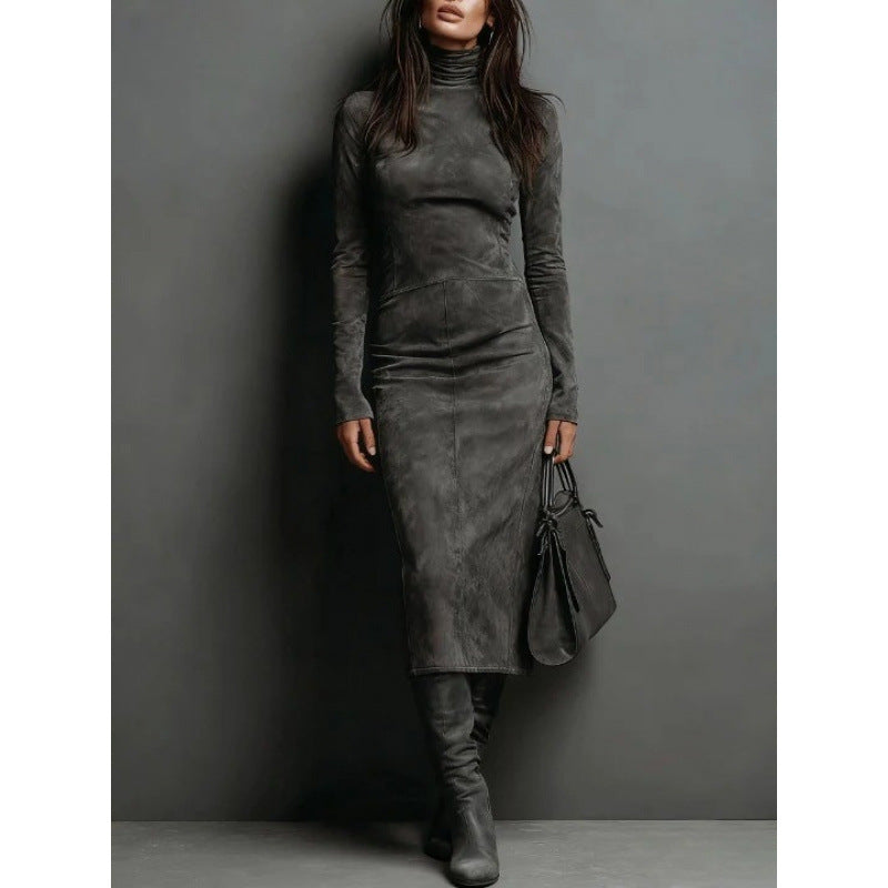 Damen Tailliertes Midi Kleid im Samt-Look mit Rollkragen und maßgeschneiderter Silhouette Shop Nory