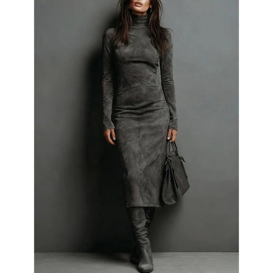 Damen Tailliertes Midi Kleid im Samt-Look mit Rollkragen und maßgeschneiderter Silhouette Shop Nory