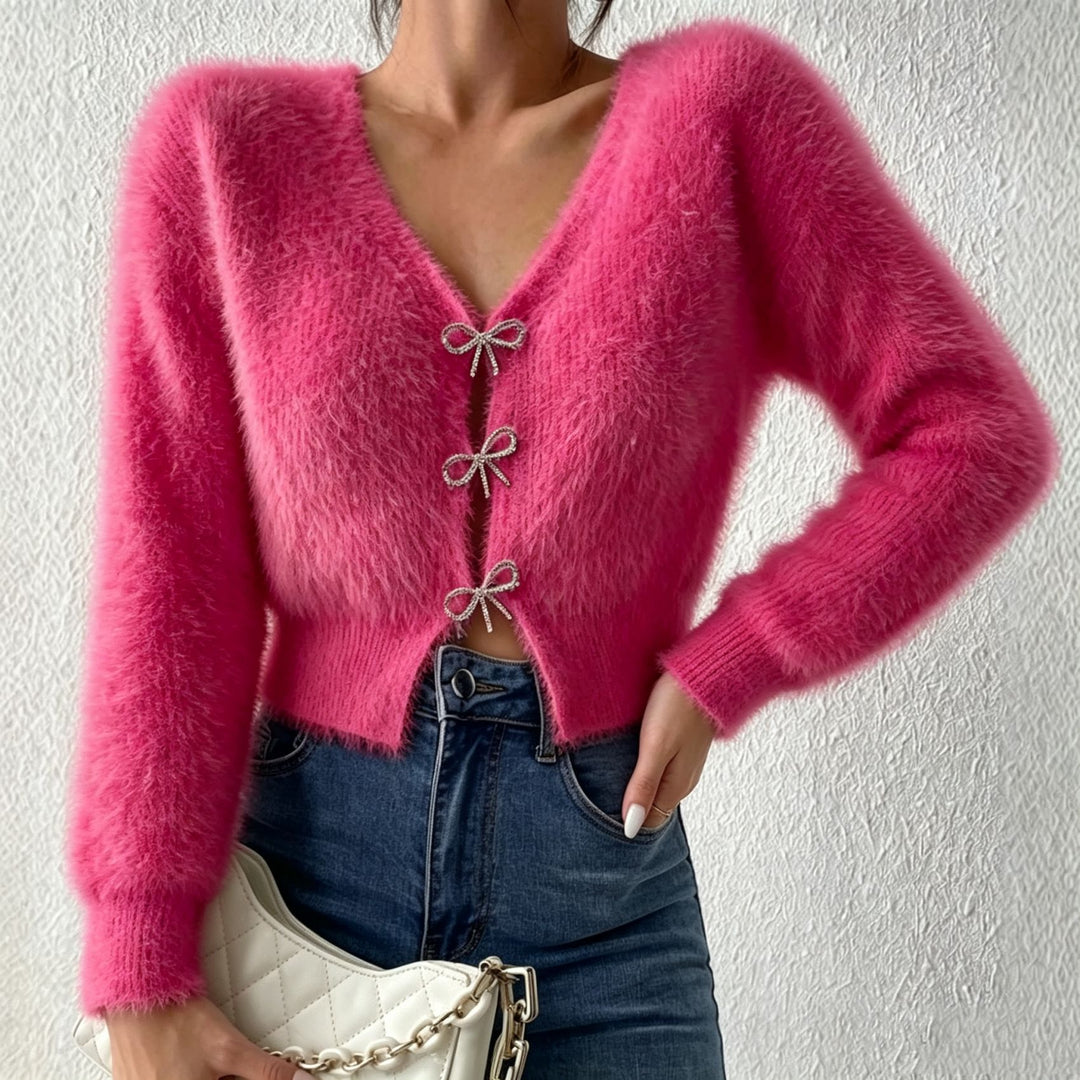 Damen Flauschiger Cropped-Cardigan mit V-Ausschnitt und Schleifen‑Verschlüssen Shop Nory