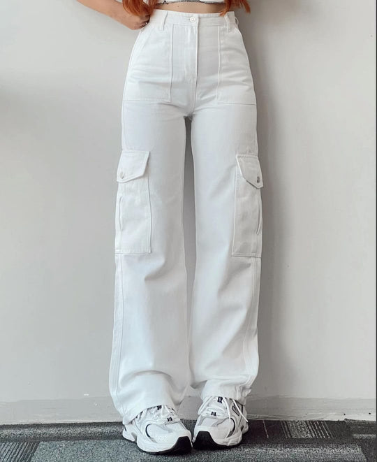 Damen High-Waist-Cargohose aus Twill mit aufgesetzten Klappentaschen und weitem Bein Shop Nory