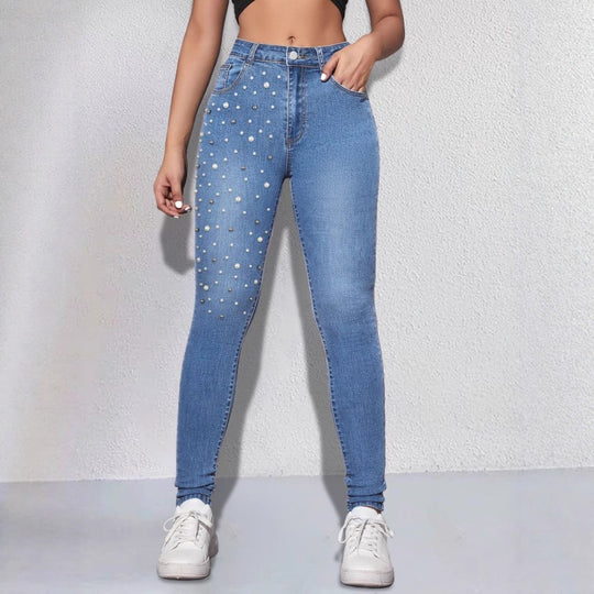 Damen Hochgeschnittene Sculpting-Skinny-Jeans mit asymmetrischem Perlenmuster Shop Nory