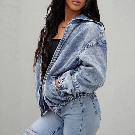Damen Oversize Jeansjacke mit Kapuze, Reißverschluss und gerafftem Saum Shop Nory