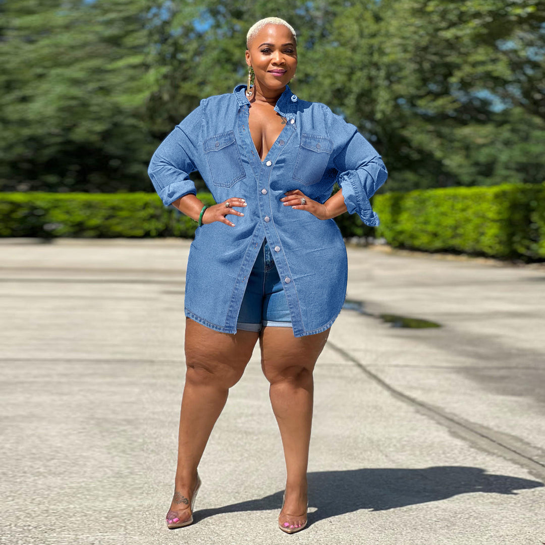 Damen Oversize-Denim-Hemdbluse im Longline-Schnitt mit Rollärmeln und Brusttaschen Shop Nory