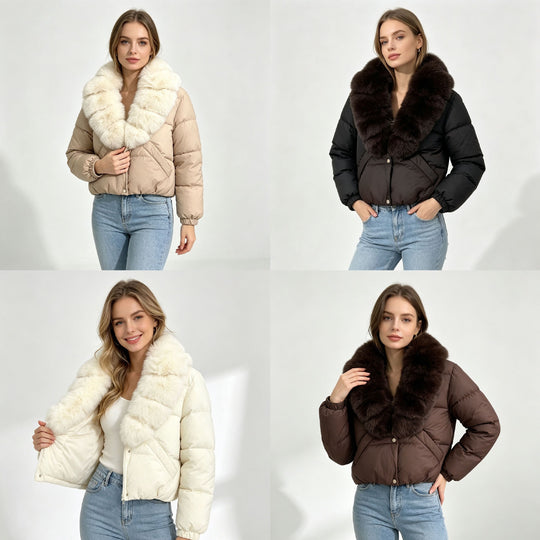 Damen nan kurze wattierte Cropped-Jacke mit extra voluminösem Kunstpelz-Schalkragen und elastischen Bündchen Shop Nory