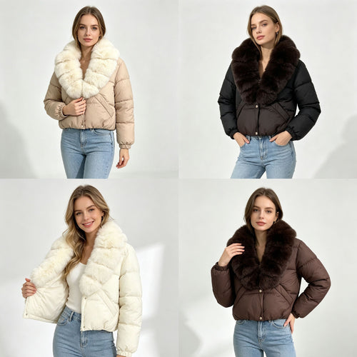Damen nan kurze wattierte Cropped-Jacke mit extra voluminösem Kunstpelz-Schalkragen und elastischen Bündchen Shop Nory