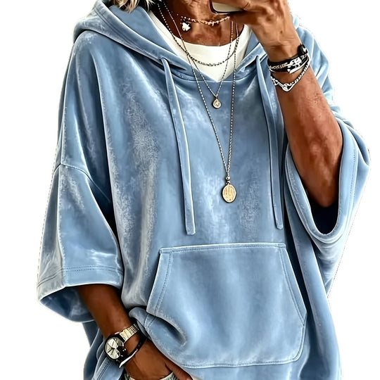 Damen Oversize Samt-Hoodie mit halbarm, Kapuze und Kängurutasche Shop Nory