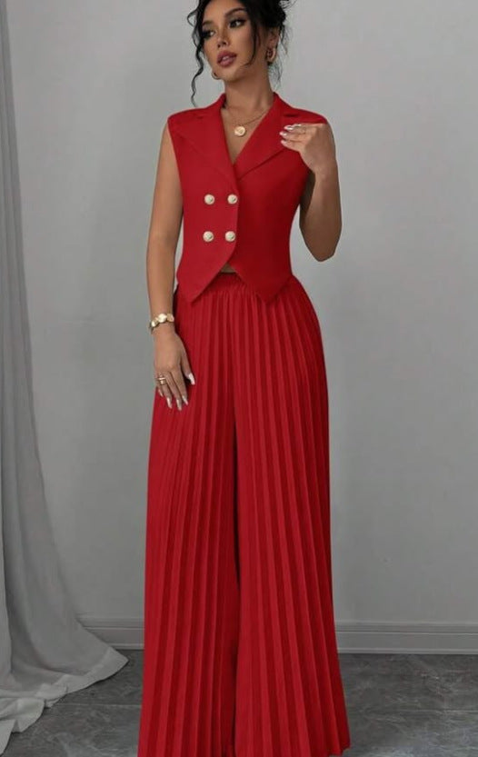 Damen Ärmelloses Weste-Blazer-Top mit Revers und plissierter Palazzo-Hose Zweiteiliges Abendset Shop Nory