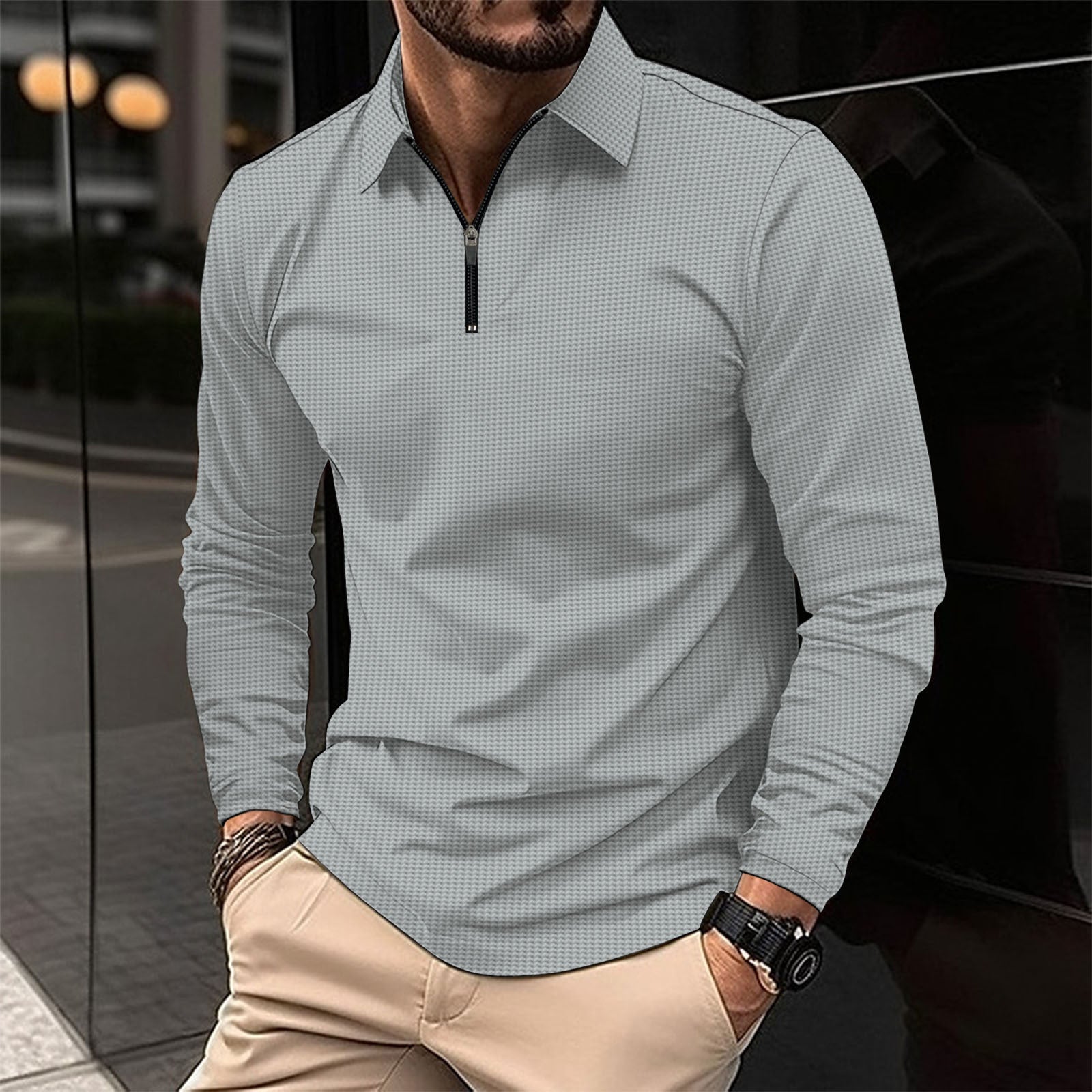 Herren Langarmshirt mit modernem Reißverschluss und strukturiertem Design