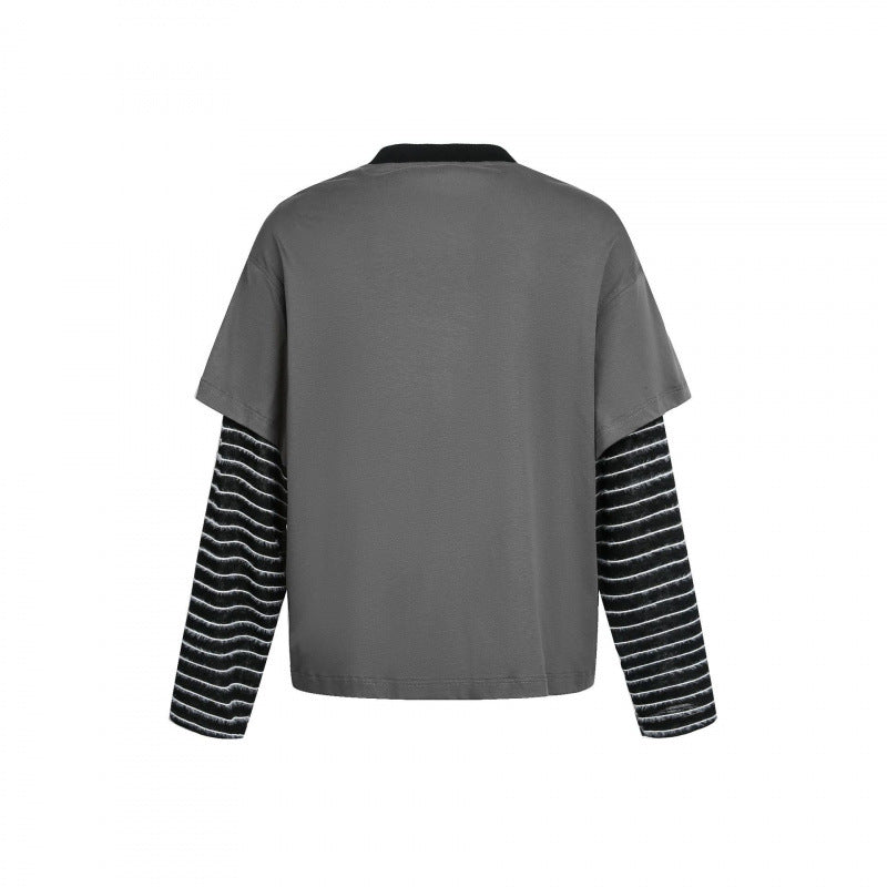 Damen Lagenlook-Longsleeve mit Grafikprint, gestreiften Einsatzärmeln und dekorativen Schulterträgern Shop Nory