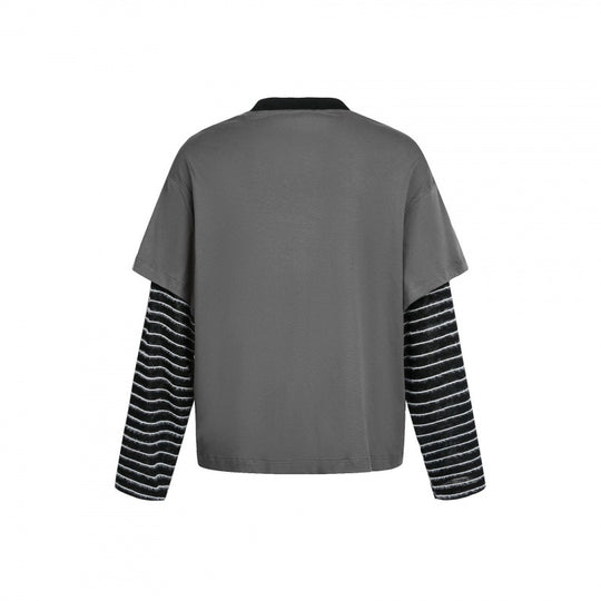 Damen Lagenlook-Longsleeve mit Grafikprint, gestreiften Einsatzärmeln und dekorativen Schulterträgern Shop Nory