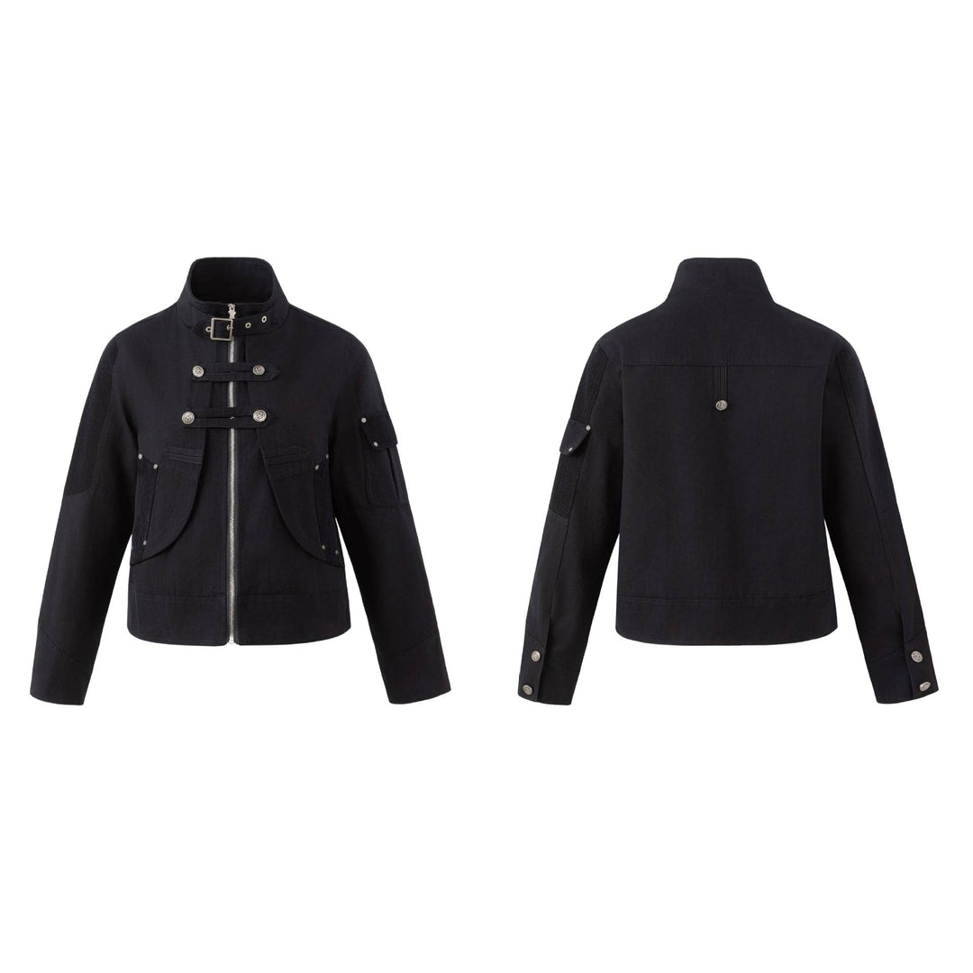 Herren Military-inspirierte Kurzjacke mit Stehkragen, Schnallenriemen und dekorativen Pattentaschen Shop Nory