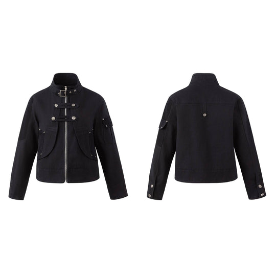 Herren Military-inspirierte Kurzjacke mit Stehkragen, Schnallenriemen und dekorativen Pattentaschen Shop Nory