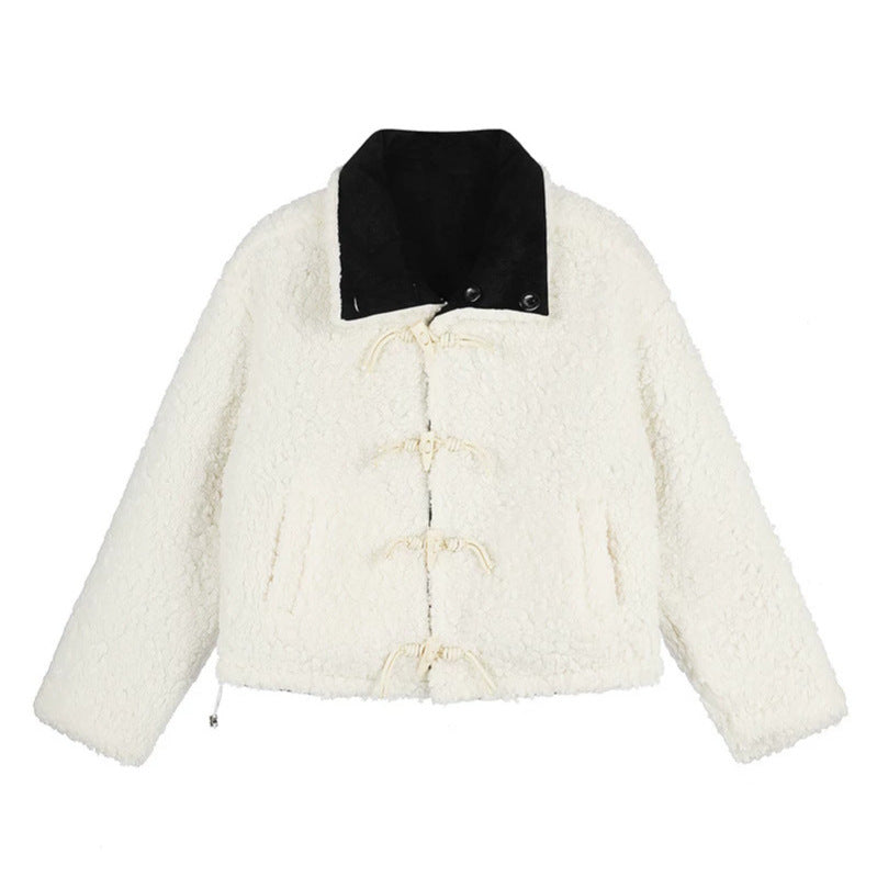 Damen Kurzgeschnittene Lammfell‑Optik Fliegerjacke mit Teddyfutter und Reverskragen Shop Nory