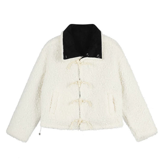 Damen Kurzgeschnittene Lammfell‑Optik Fliegerjacke mit Teddyfutter und Reverskragen Shop Nory