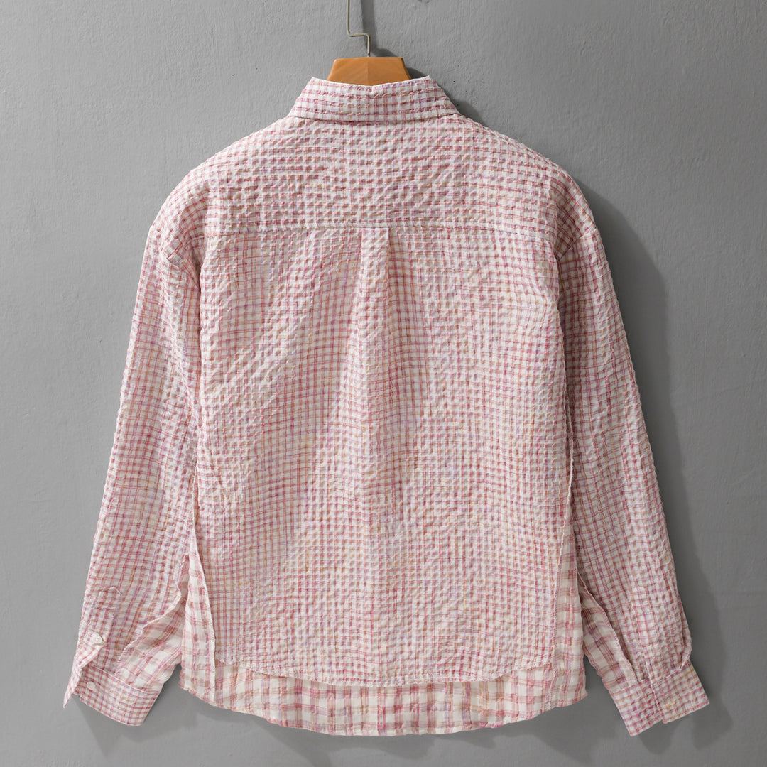 Damen Relaxed-Fit Crinkle-Hemdjacke mit feiner Gingham‑Webstruktur und dezenter Bruststickerei Shop Nory