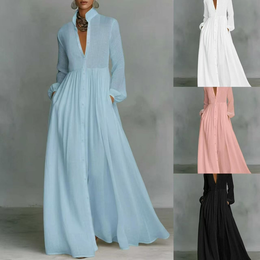 Damen Maxikleid mit Stehkragen, durchgehender Knopfleiste, taillenhoher Raffung und Eingrifftaschen Shop Nory