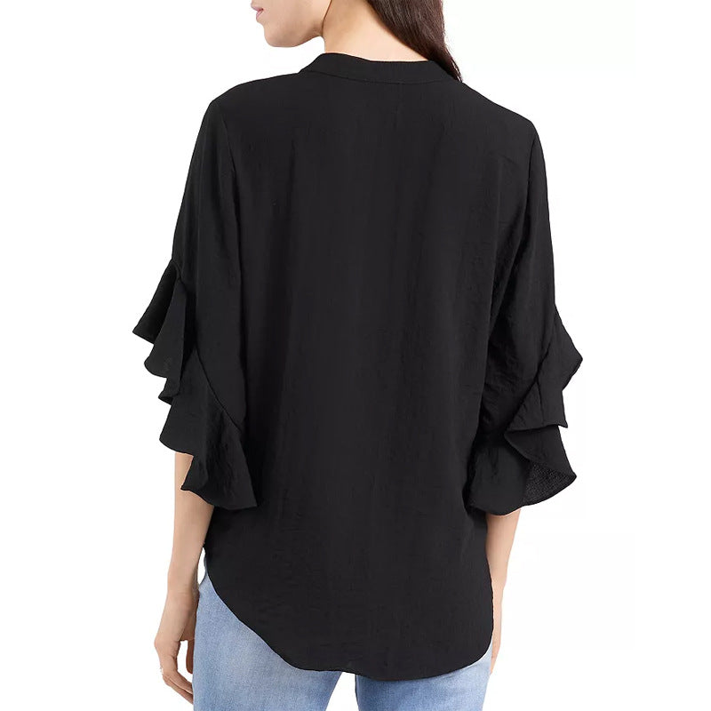 Damen Rüschen-Bluse mit V-Schlitz, lockerem Schnitt und Trompetenärmeln Shop Nory
