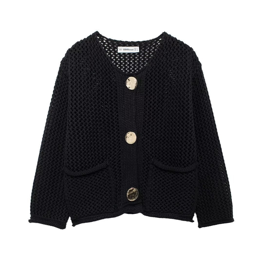 Damen Strickjacke mit offener Netz-Struktur, Zierknöpfen und aufgesetzten Taschen Shop Nory