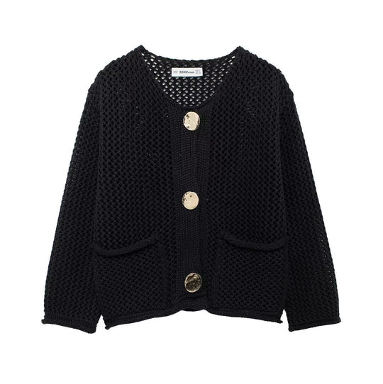 Damen Strickjacke mit offener Netz-Struktur, Zierknöpfen und aufgesetzten Taschen Shop Nory