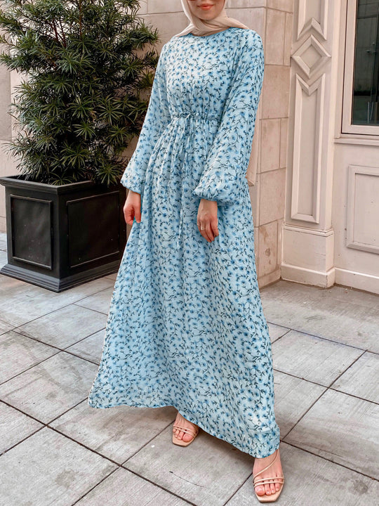Damen Geblümtes Maxikleid mit Kordel-Taille und Ballonärmeln Shop Nory