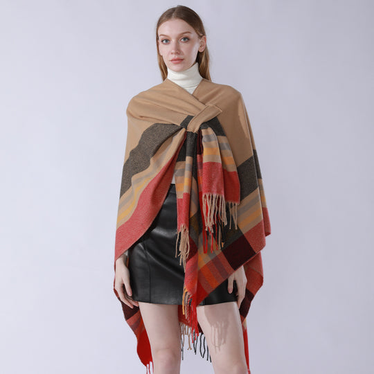 Damen Revers‑Cape aus Wollmischung mit Bindegürtel und Karomuster Shop Nory
