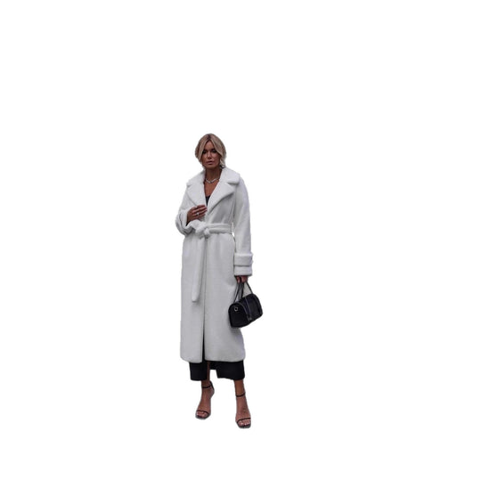Damen Eleganter Maxi-Wollmantel mit Taillengürtel, breitem Revers und krempelbaren Manschetten Shop Nory