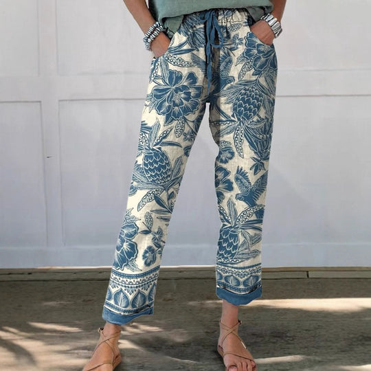 Damen Leinenoptik-Hose mit floralem Print, weitem Bein und Tunnelzug Shop Nory