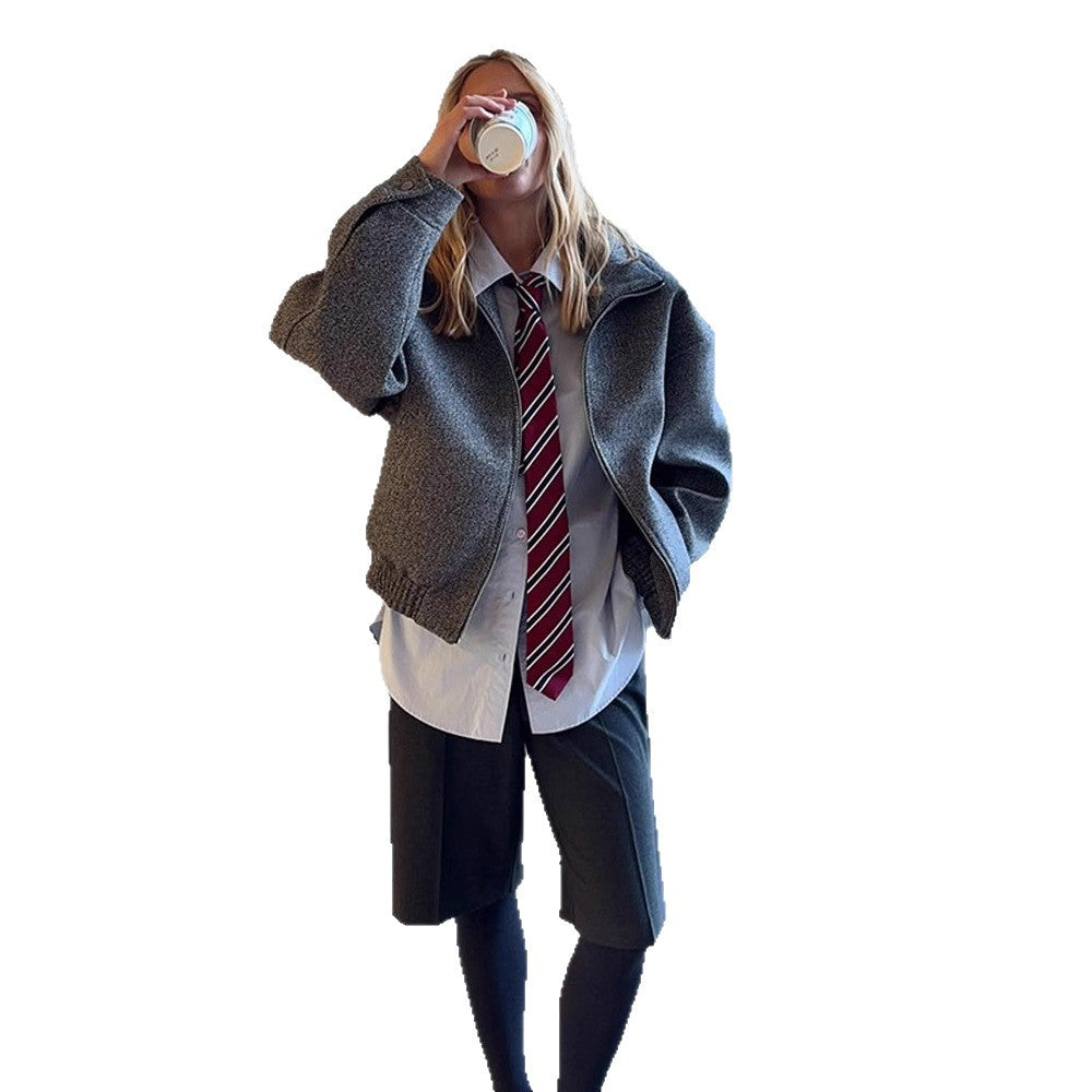 Damen Kurzblouson im Fischgrät‑Wollmix mit Reißverschluss und elastischem Saum Shop Nory