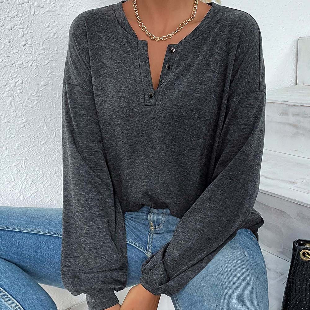 Damen lässiges Oversize-Henley-Longsleeve mit V-Knopfleiste und Ballonärmeln Shop Nory