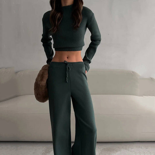 Damen Rippstrick-Cropped Loungewear-Set mit taillenhoher Kordelzug-Hose Shop Nory