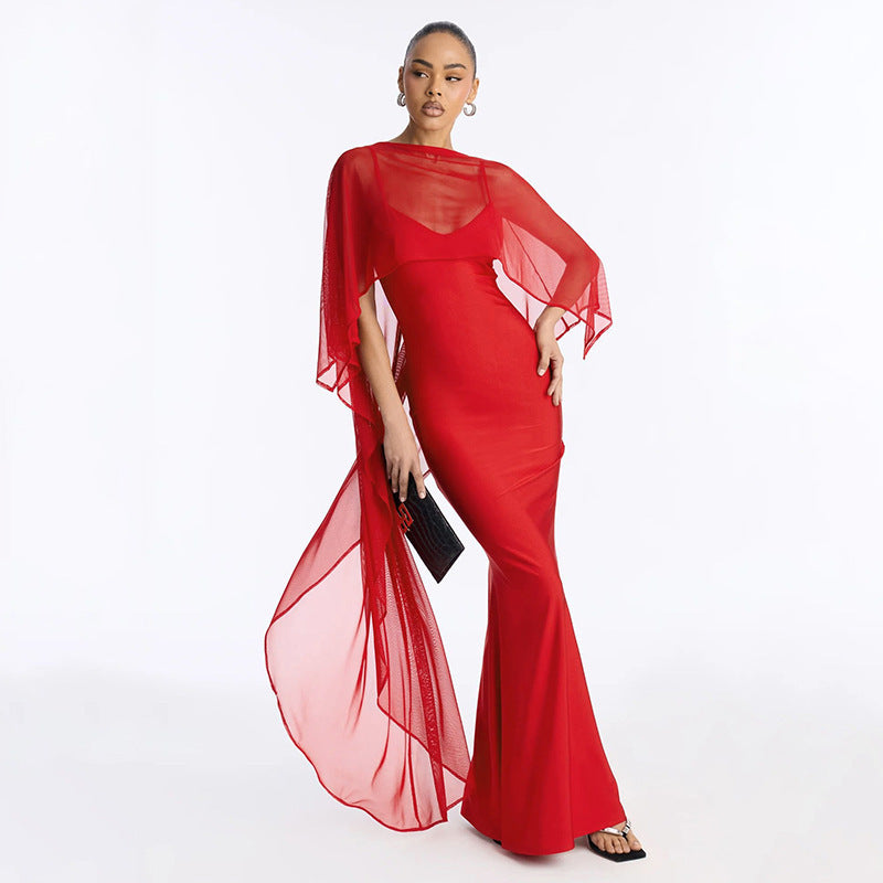 Damen Glamouröses Abendkleid mit fließendem Chiffonüberwurf und figurbetonter Silhouette