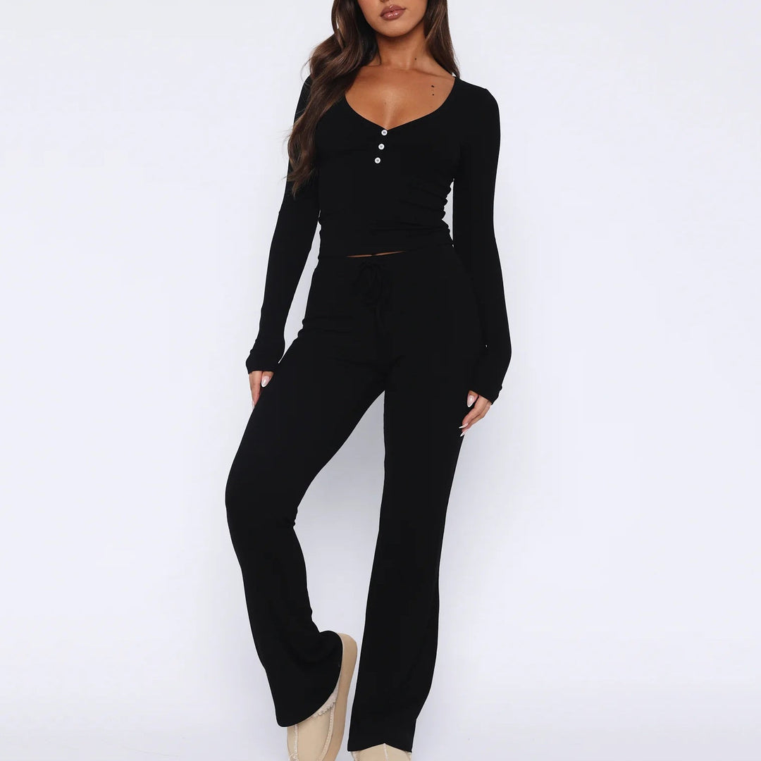 Damen gemütliches Lounge-Set mit langem Oberteil und flared Hose