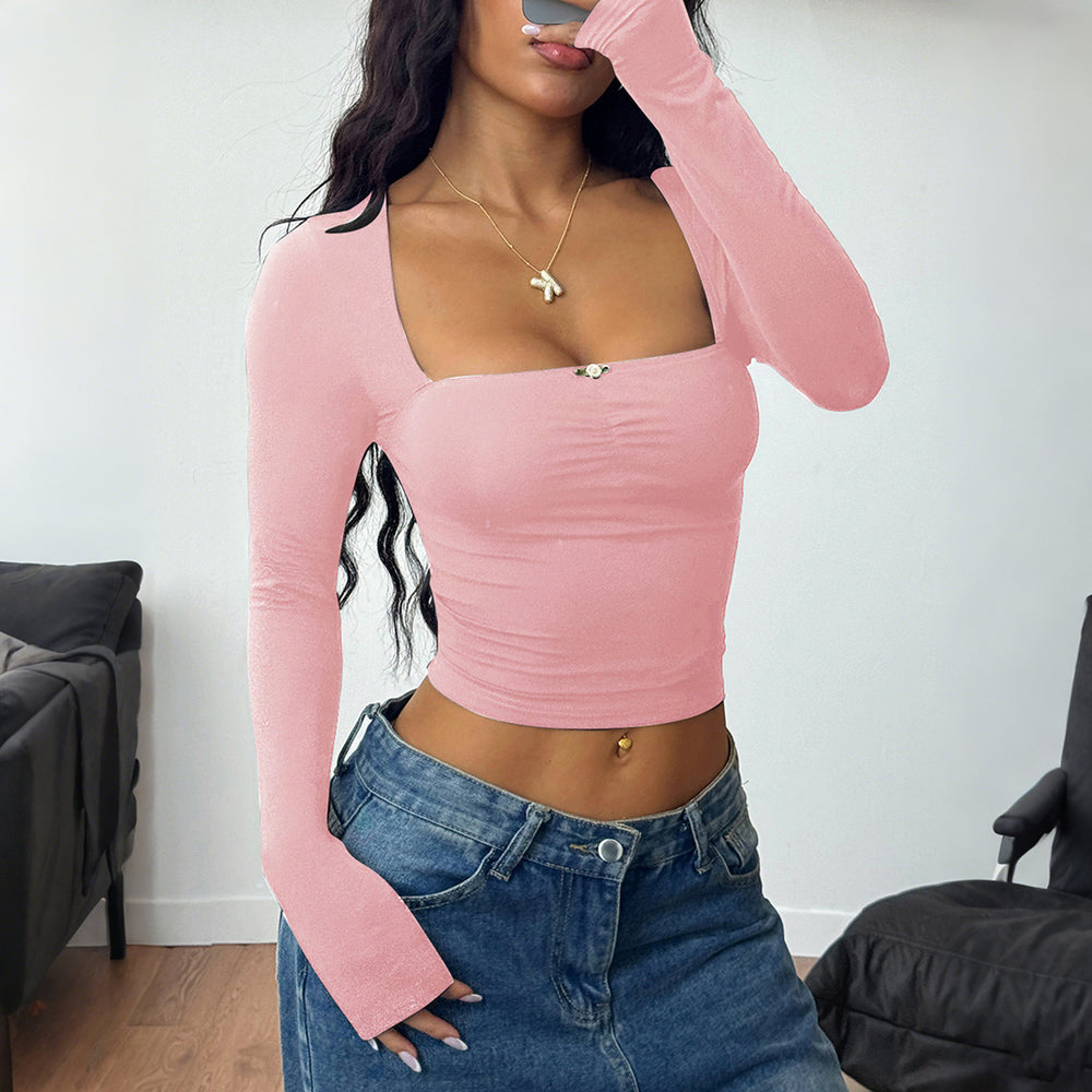 Damen nan tailliertes Langarm-Cropped-Top mit eckigem Ausschnitt, figurbetonter Passform und zierlichem Schmuckknopf-Detail Shop Nory