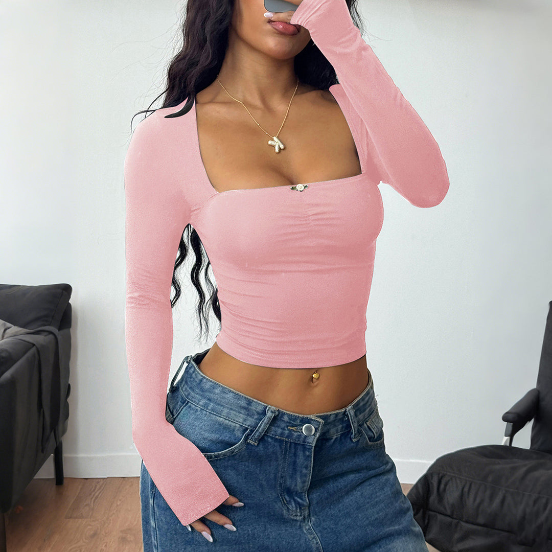 Damen nan tailliertes Langarm-Cropped-Top mit eckigem Ausschnitt, figurbetonter Passform und zierlichem Schmuckknopf-Detail Shop Nory