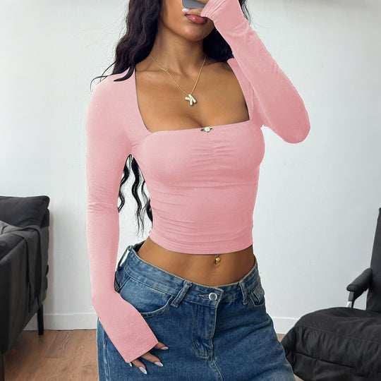 Damen nan tailliertes Langarm-Cropped-Top mit eckigem Ausschnitt, figurbetonter Passform und zierlichem Schmuckknopf-Detail Shop Nory