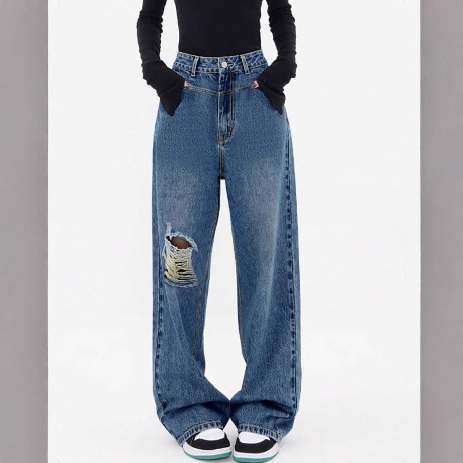 Damen hochtaillierte Oversized-Baggy-Jeans mit Knie-Rip und weitem Bein Shop Nory