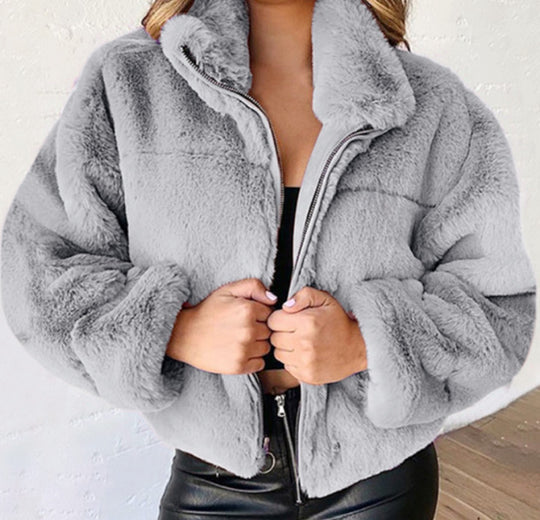 Damen nan kurze kuschelige Kunstpelzjacke mit Stehkragen und Reißverschluss Shop Nory