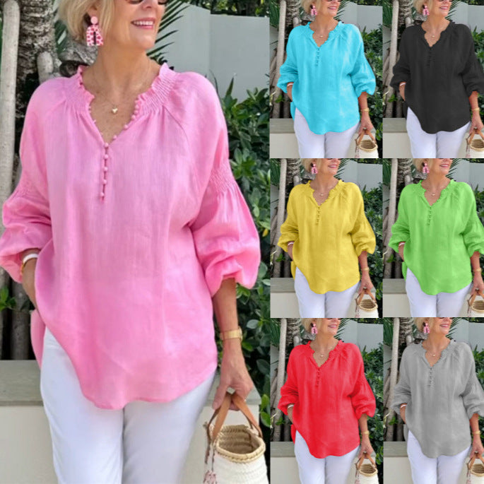 Damen lässige Kleidungsbluse mit Ballonärmeln und Knopfleiste
