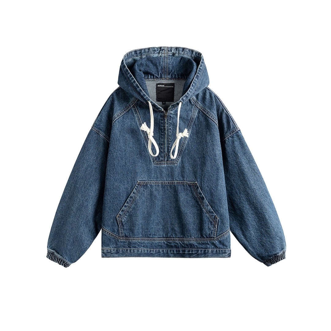 Unisex Oversize Denim Hoodie mit Halbreißverschluss, Kängurutasche und Tunnelzug Shop Nory