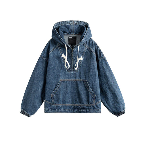 Unisex Oversize Denim Hoodie mit Halbreißverschluss, Kängurutasche und Tunnelzug Shop Nory