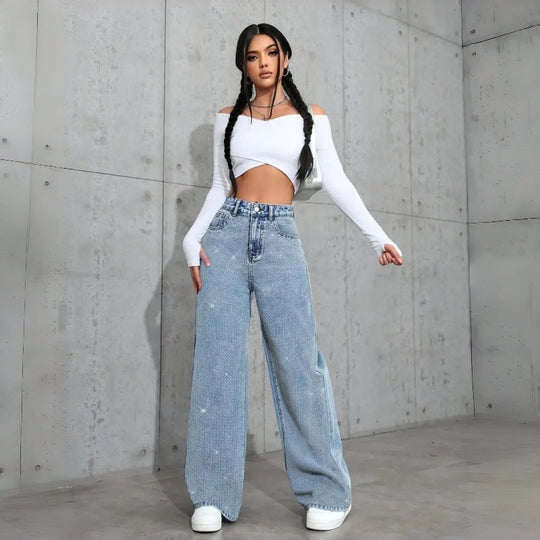 Damen Elegante High-Waist Jeans im weiten Schnitt mit glitzerndem Detail