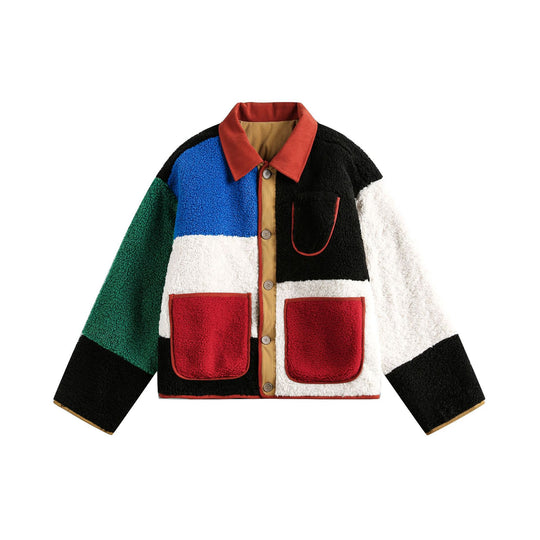 Unisex Boxy Patchwork Sherpa-Fleecejacke mit Cordkragen und aufgesetzten Taschen Shop Nory
