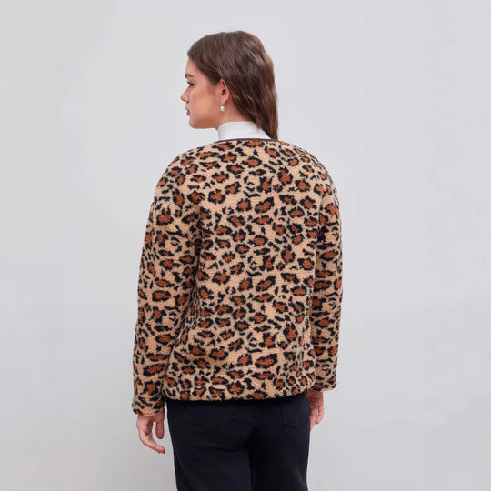 Damen Kurzjacke im Teddy‑Look mit Leopardenmuster und Knopfverschluss Shop Nory