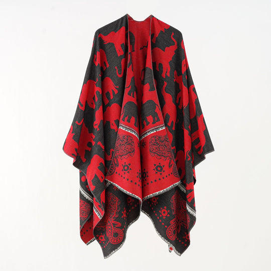 Damen Jacquard‑Ruana mit Elefantenmotiv und ornamentaler Bordüre Shop Nory